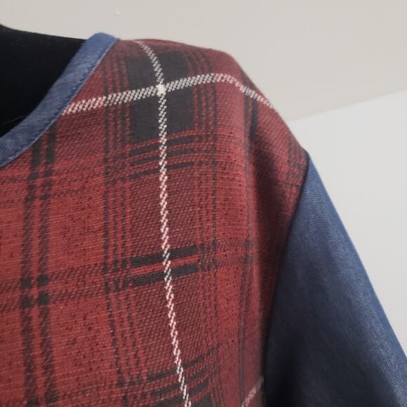 Plaid and Chambray Half Sleeve Grommet Placket Shirt Tail Hem Boho Tunic Dress - Picture 9 of 12